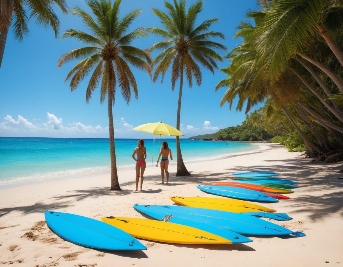 A serene tropical beach scene featuring a diverse group of individuals wearing stylish eco-friendly swimwear, surrounded by lush palm trees and clear blue waters. Include elements like recycled ocean plastic surfboards, environmentally friendly sunblock, and vibrant beach umbrellas. The sky should be bright and sunny, evoking a feeling of sustainable relaxation. super-realistic. vibrant colors. peaceful atmosphere.